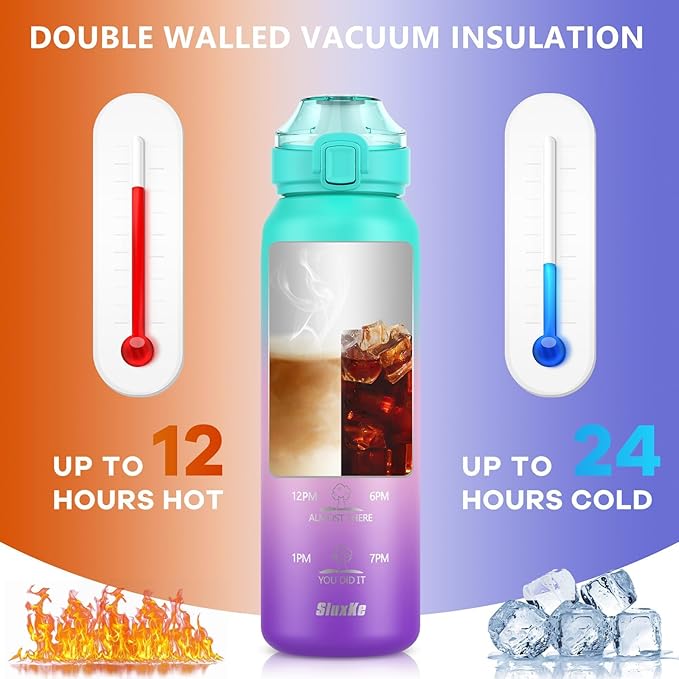 17oz Insulated Water Bottle with handle BPA Free, 316 Stainless Steel Water Bottles 500ml with Time Marker Double Walled, Metal Water Flask Jug for Hiking, Biking, Running, Three Colors
