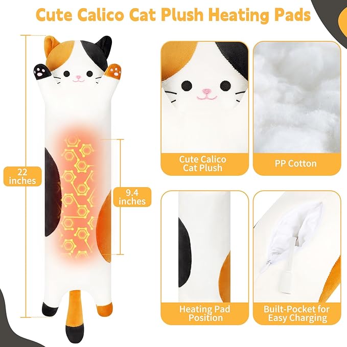 Calico Cat Heating Pad-USB Heated Plush Stuffed Animals for Period Cramps and Menstrual Pain Relief,22” Portable Electric Kitten Heating Pads,Built-Pocket Plushies Women Girls Gifts