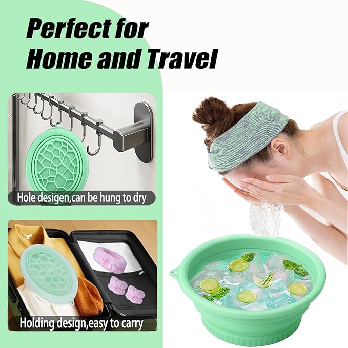 Face Ice Bath Bowl Mold With Built-In Icetray, Portable Foldable Silicone Dipping Water Facial Cold Immersion Therapy Plunge Bowl for Face Ice Bath Holder for Home And Travel (Green)