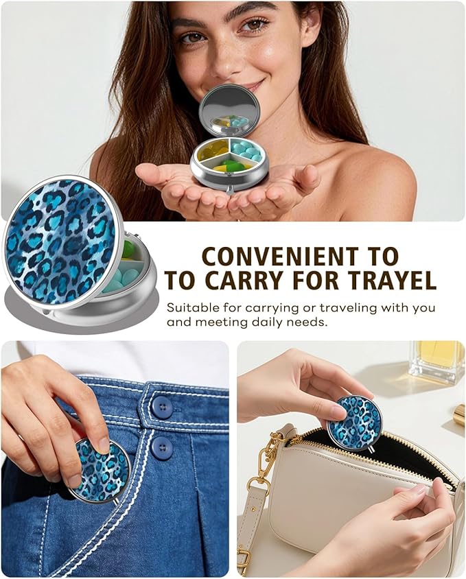 LRITER Pill Case, Portable Travel Pill Box, Pillbox Organizer, Cute Small Medicine Storage Container, Purse Accessories for Women, Men (Blue Leopard Print)