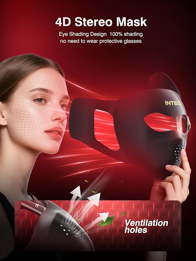 Red Light Therapy for Face，4D Red Light Therapy Mask with 4 Color Light Modes (Red+Infrared/Red/Blue/Orange), 850NM Infrared LED Face Mask Light Therapy with 4000mAh Rechargeable Remote, Timer