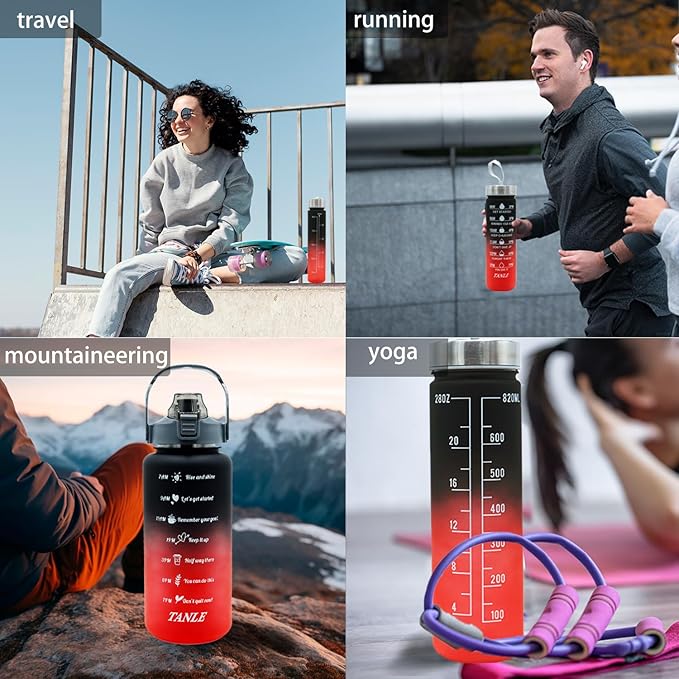 4pcs Water Bottle Set,64oz+28oz+14oz+9oz Large Capacity Sports Fitness Water Bottle,Leak Proof,Straw Inspirational Water Bottle,For Family Camping Outdoor(4pcs Black red)
