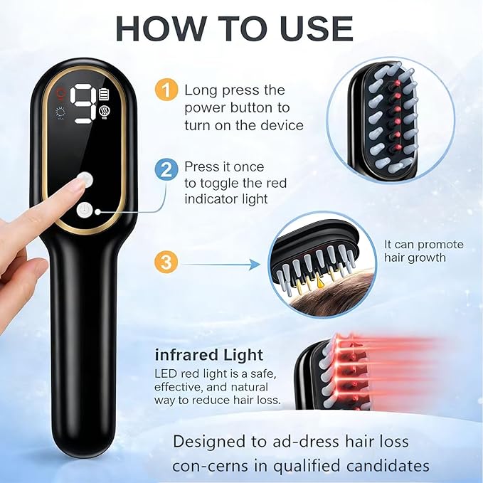 Obiredk ㅤLaser Hair Growth Comb - Lasers & LEDs for Hair Regrowth - FDA Cleared Rechargeable Scalp Massager for Men Women - Effective for Thinning Crown, Receding Hairline - Black