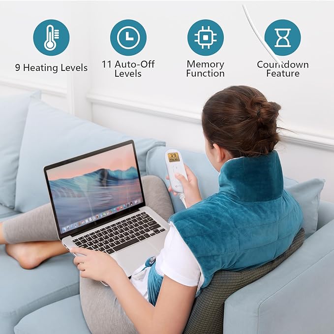 Comfytemp Heating Pad for Back, Weighted Electric Heating Pad for Neck Shoulders, Large Heated Wrap for Her Him Women Men Mom Neck Shoulders Relaxtion, 9 Heat Settings & 11 Auto-Off，22"x33", Blue