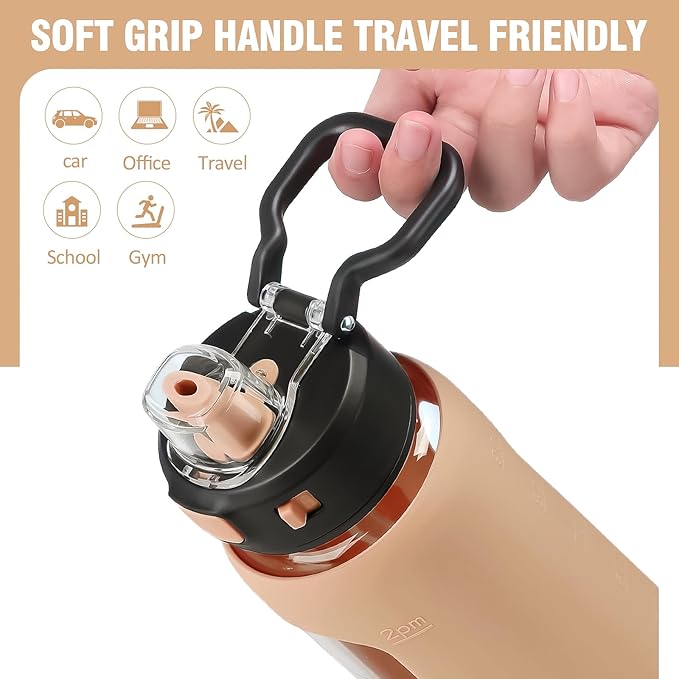 Kodrine 32 oz Glass Water Bottle with Straw and Carry Loop, One-Touch Leakproof Locking Lid, Reusable Drinking Bottle with Time Marker for Travel Home Gym Sports (Amber)