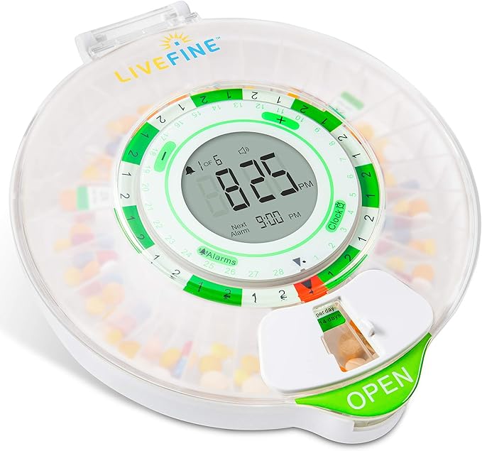 Live Fine 28-Day Automatic Pill Dispenser with Upgraded LCD Display, Key Lock, Sound & Light for Prescriptions, Medication, Vitamins, Supplements & More