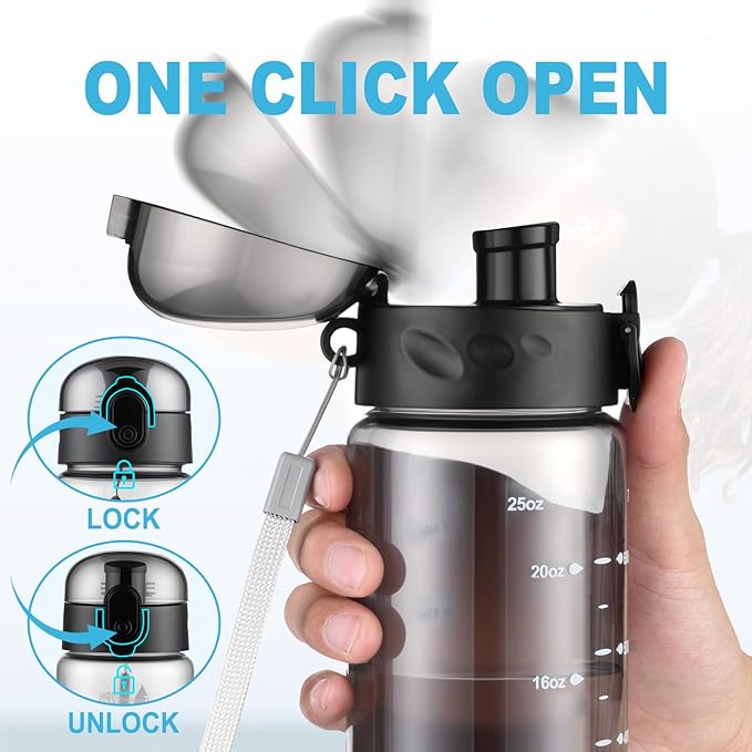 Clear Water Bottle, Wide Mouth Leakproof Water Bottle with Time Marker, 26OZ Plastic Water Bottles, Lightweight for Sports, Travel, Black