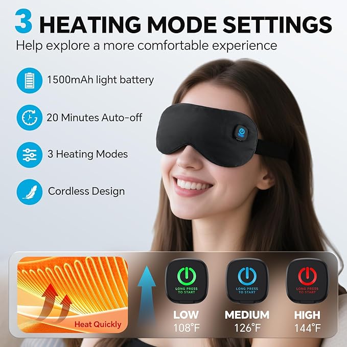 Cordless Heated Eye Mask for Dry Eyes Relief, with 3 Heat Settings, Washable Eye Cover, Warm Heating Pad for Stye Eye Treatment & Travel Use