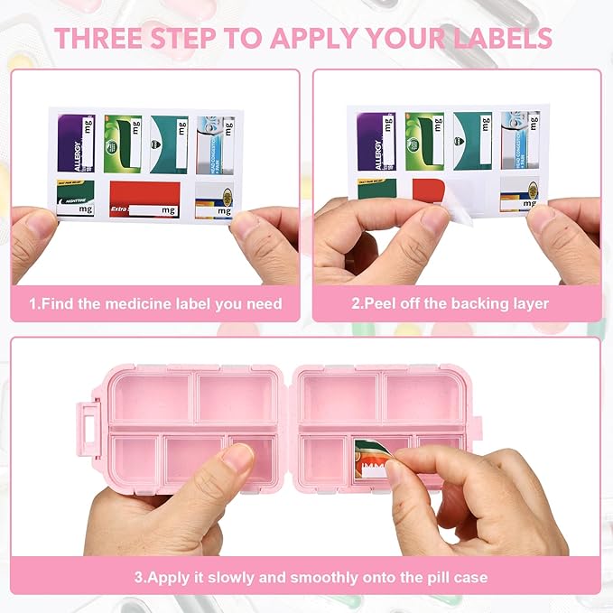 Travel Pill Organizer with Medicine Labels, 10 Compartments Travel Medicine Organizer Daily Small Pill Container Travel Pill Box Purse Pill Case (Pink, 189 Lables)