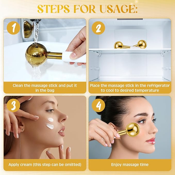 Baderke 2 Pcs Ice Globes for Face Stainless Steel Cooling Globes Unbreakable Cooling Roller Women Ice Balls Cryo Sticks Facials Skin Care for Dark Circles, Puffiness(Gold (White Handle))