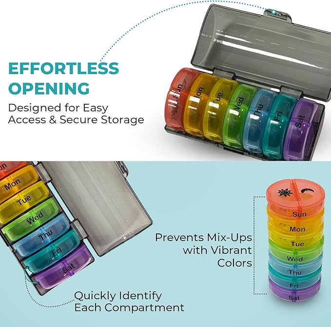 14 Compartment Pill Organizer — Portable Weekly Pill Box 7 Day 2 Times A Day — Am/Pm Pill Case for Medicine, Vitamins, Supplements — BPA Free Travel Large Pill Sorter for Day & Night, Clear