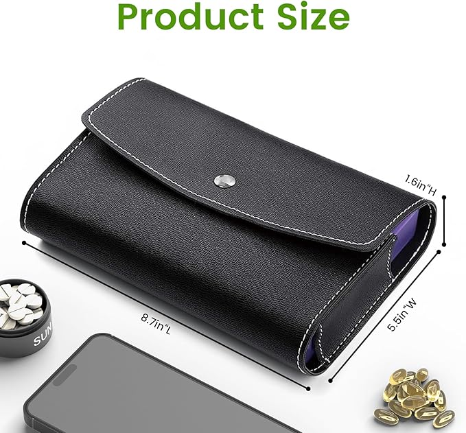 Sukuos Weekly Pill Organizer 4 Times a Day with PU Leather Case, Large 7 Day Pill Box (Morning Noon Eve Bed), Daily Pill Case for Vitamin/Fish Oil/Supplements