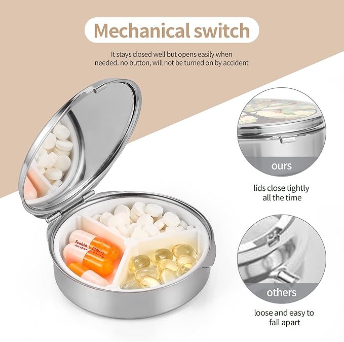 Dynippy Pill Case Pill Box with Mirror Pocket 3 Compartment Medicine Case Vitamin Pill Organizer for Pocket Purse and Travel (Round, Silver-Almond Blossom)