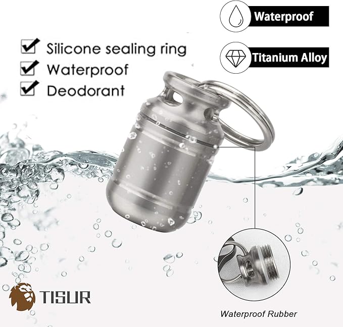 TISUR Portable Pill Cases, Metal Titanium Pill Holder Pocket Pill Box Keychain Waterproof Pill Bottle Medicine Organizer Case Container for Travel Purse Outdoor Camping
