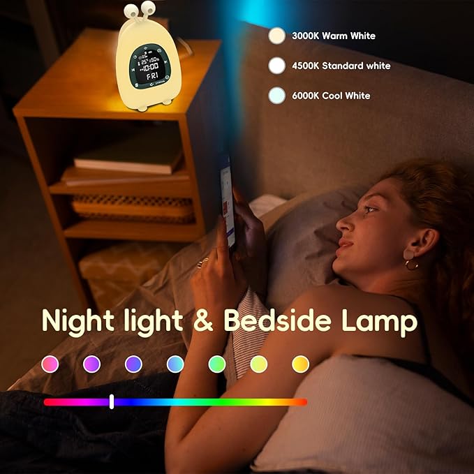Sunrise Alarm Clock Wake Up Light, White Noise Sound Machine with 20 Soothing Sounds, 10 Night Lights, Bluetooth Speaker/Temp & Humidity/Rechargeable, Dimmable Clock Gift for Baby Kids Adults