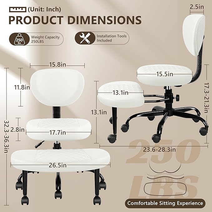 Ergonomic Cross Legged Office Chair with Wheels - Adjustable Height for Meditation, ADHD Desk & Yoga - Wide Criss Cross Design with Lumbar Support, Kneeling Chair - Off White