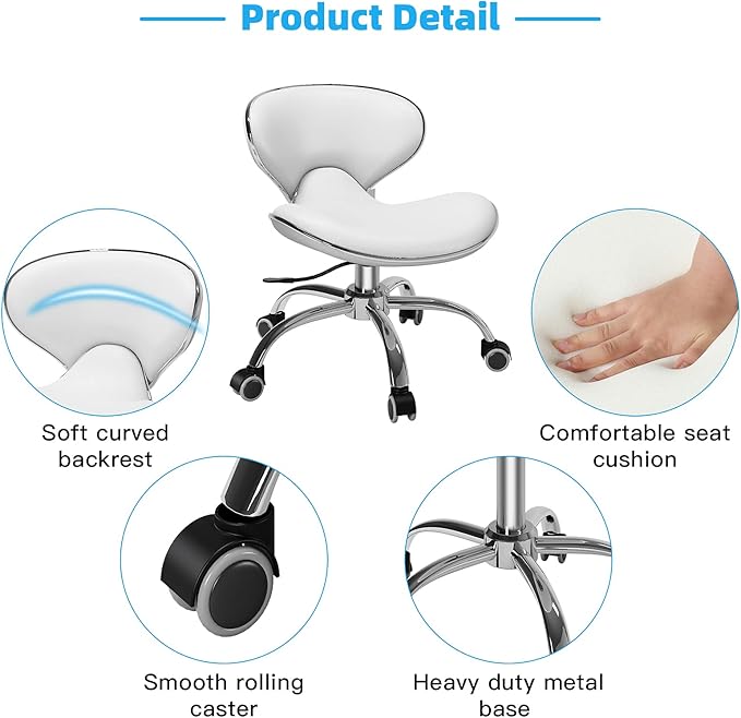 Pedicure Chair for Nail Tech,Adjustable Height, Hourglass Type Ergonomic Back Support Rolling Swivel Stool,Pedicure Stool for Feet Perfect for Massage and Salon Office Facial Spa Medical Tatoo(White)