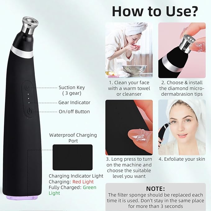 IeBilif Diamond Microdermabrasion Machine, 3 Modes Diamond Microdermabrasion Dermabrasion Machine for Blackhead Removal, Portable Microdermabrasion Tool with 8 Diamond Tips