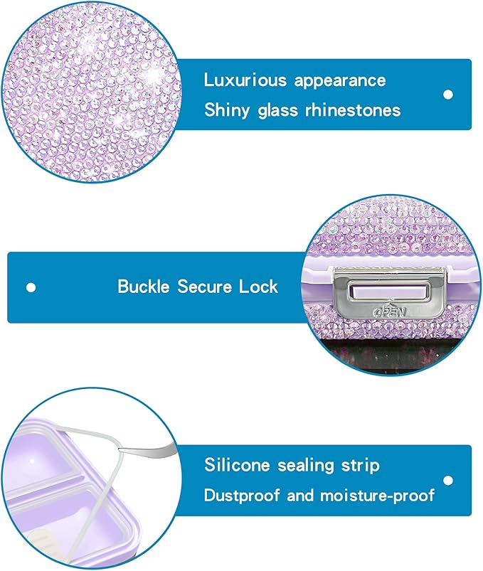Yivaiks Bling Travel Pill Organizer Crystal Rhinestone 8 Compartments Portable Pill Case Daily Pill Box to Hold Vitamins Small Pill Container for Pocket Purse Medicine Organizer(Purple)