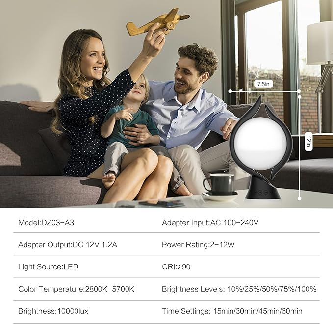 Voraiya Light Therapy Lamp 10000 Lux, UV-Free Therapy Light with 5 Brightness, 3 Color Temperature, 4 Timer, Memory Function, Full Spectrum, Bright Seasonal Sun Light Lamp for Bedroom, Office (Black)