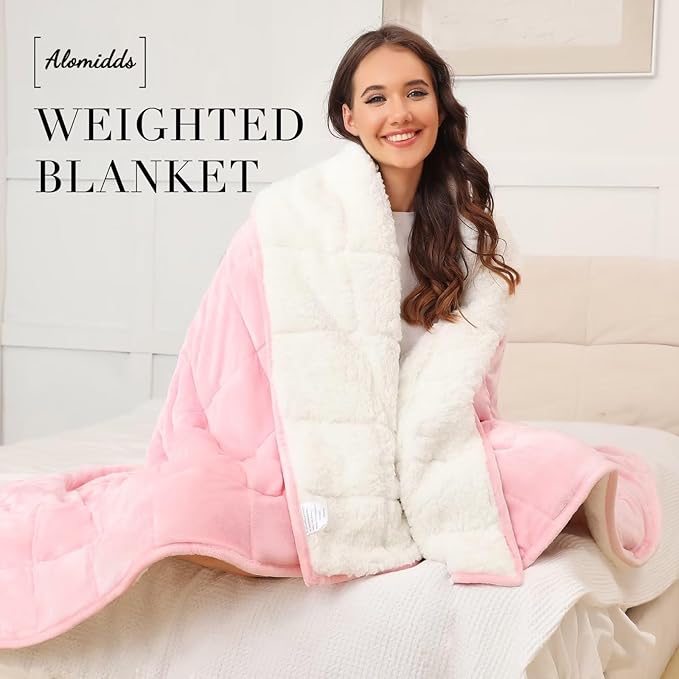 Alomidds Weighted Blanket Queen Size 15lbs 60x80 inches, Sherpa Weighted Blankets for Adults,Fluffy Warm Sherpa & Cozy Soft Flannel Thick Heavy Blanket for All-Season with Glass Beads, Pink