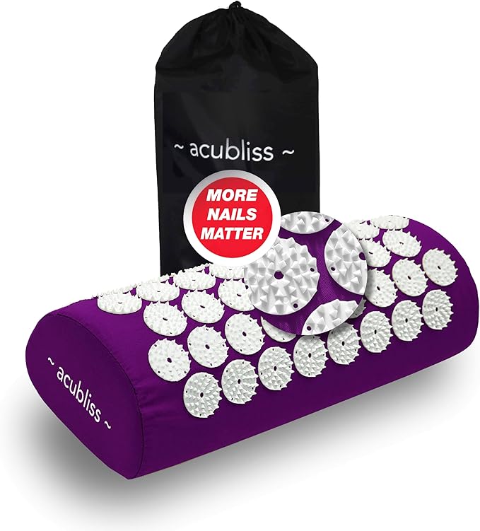 Premium Portable + Comfortable Acupressure Lumbar Cushion Pillow, 2,142 Acupuncture Pressure Points, Neck Pain Relief, Increased Energy, Relaxation, Drawstring Bag, 15x6x4", Purple