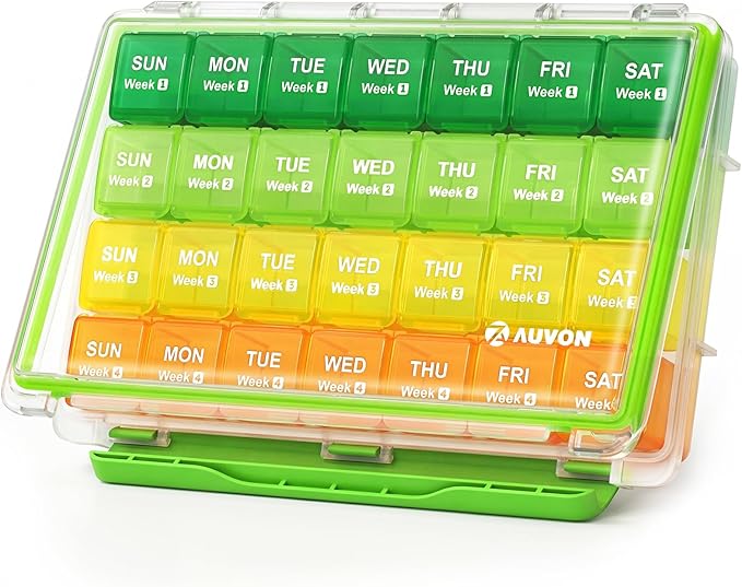 AUVON Moisture-Proof Monthly Pill Organizer, Large 28 Days Pill Box Case with Removable 4 Weeks Medication Organizer Rows, Travel-Friendly to Store Fish Oils, Vitamins, Supplements, Medications