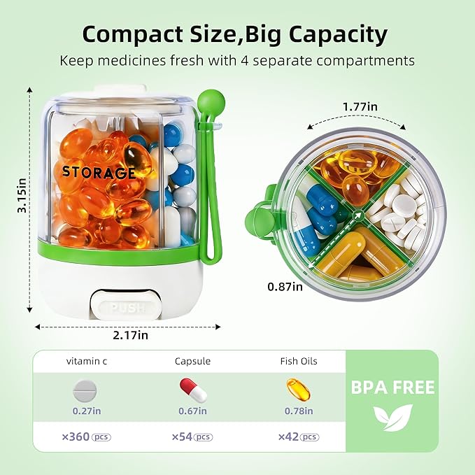 4 Compartments Pill Bottle Organizer, Anti-Mix Travel Pill Dispenser with Safety Lock, Pill Case with 16pcs Labels, Cute Pill Organizer for Seniors, Caregivers & Daily Vitamin Management(Green)
