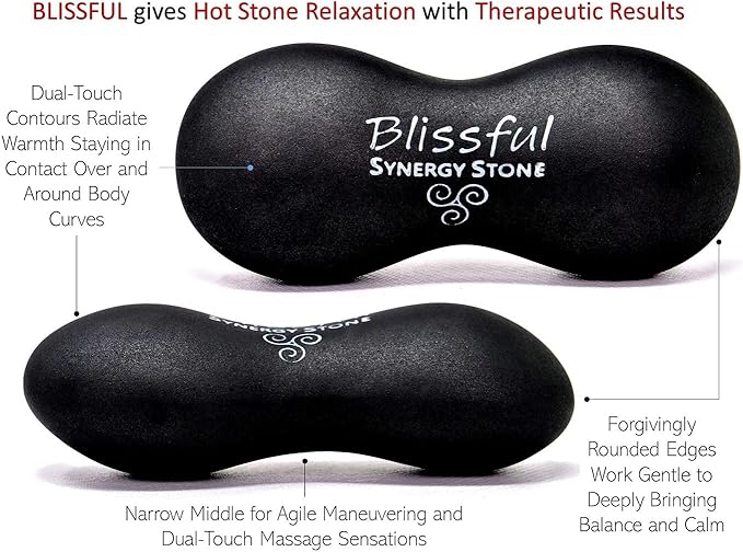 Blissful (Basalt Black)(Set of 2) Synergy Stone - Contoured Hot Stone Massage Tools - Deep Heat for Muscle Tension Relief - Relaxing and Therapeutic - Matte Surface for on Skin with Oil only