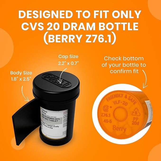 Pilli CVS Pill Bottle Decorative & Functional Cover for CVS Prescription Bottles – Prescription Pill Bottle and Cap Cover – Durable Silicone – Medication Cover – Reusable (Black)