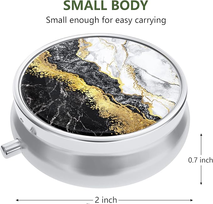 Nipichsha Pill Box, Small Pill Case for Purse & Pocket, Cute Travel Medicine Organizer, Portable Medicine Container Holder to Hold Vitamins, Medication, Fish Oil & Supplements, Black Gold Marble