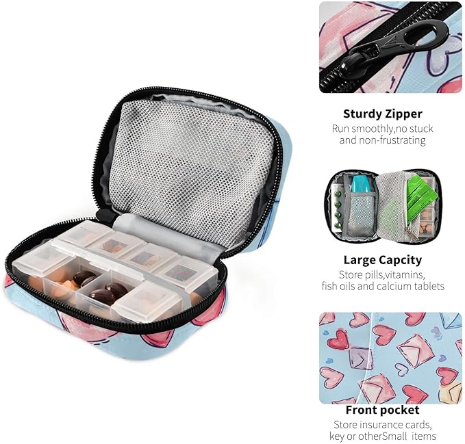 Pink Hearts Blue Letter Travel Pill Organizer Case Box Container Weekly Portable Vitamin Medicine Holder Storage Bag with Zipper Removable