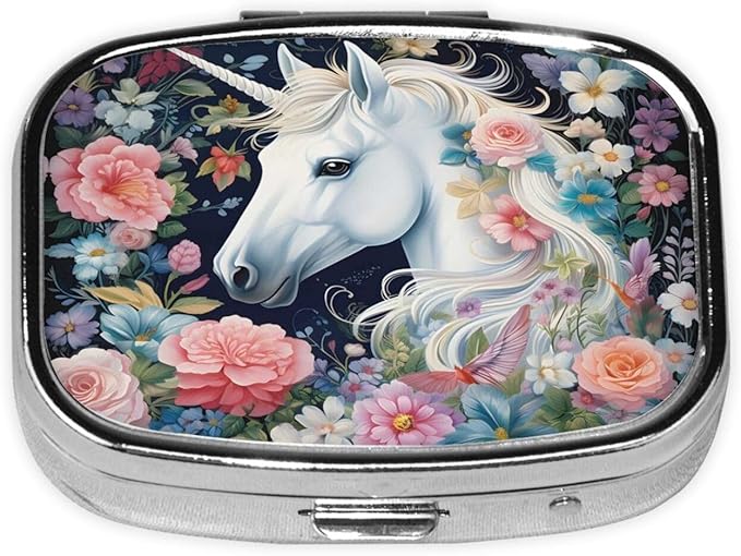Unicorn Flower Pattern Pill Box with Mirror 2 Compartment Metal Square Small Pill Case for Purse Pocket Portable Pill Container Holder Travel Medicine Organizer for Vitamin Fish Oil Supplement