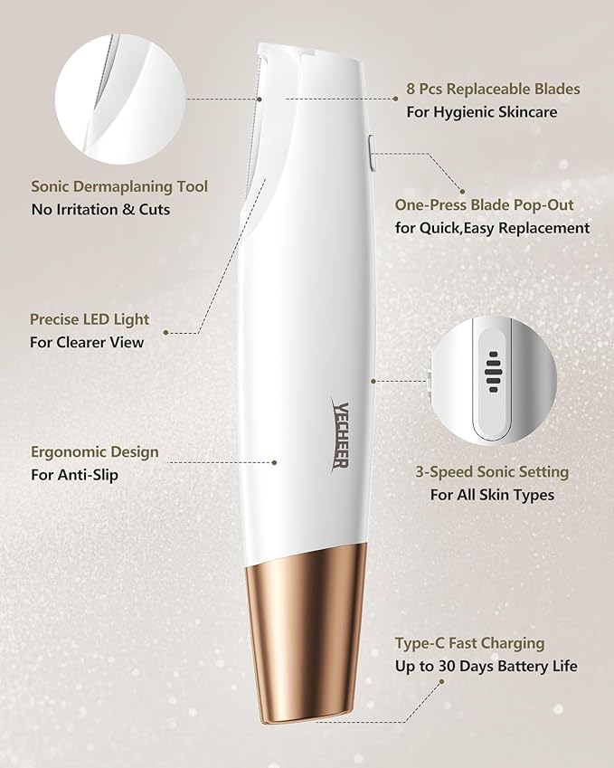 Sonic Smooth Dermaplane for Women Face: Electric Dermaplaning Tool for Flawless Skin - Non-Irritating Peach Fuzz & Facial Hair Remover w/8 Refill Blades&LED Light, Perfect Razor Gift for Her (White)