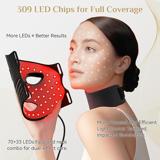 LED Light Therapy Mask Skin Care Mask, LED Red 630±5nm & NIR 830nm Wavelength for Home Use (High-end black)