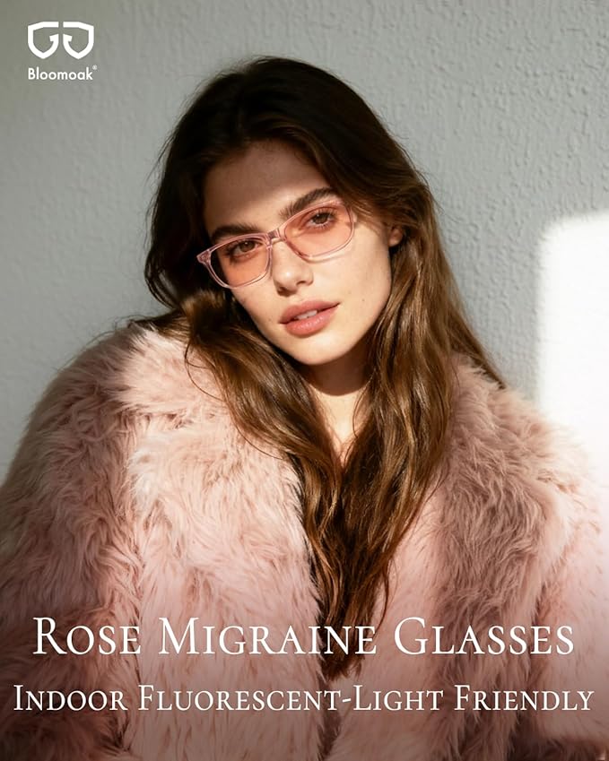 Bloomoak Rose Migraine Glasses,FL-Flex Light Sensitivity Relief Tinted Glasses for Indoor Fluorescent Glare/Women