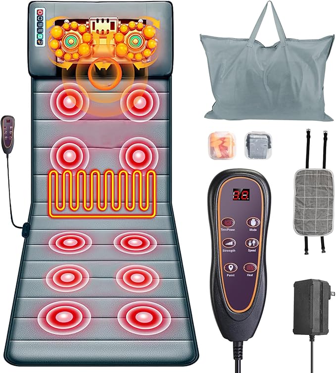 KOCASO Full Body Massage Mat with Heat Two Earplugs- 10 Vibration Motors & 9 Modes,Back/Neck Massager Chair Pad, with Neck Pillow Timer Anti-Slip Bottom Gifts for Stress Relief(Advanced)