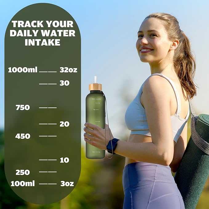 1 Pcs Slim Water Bottle 32oz, 1L Motivational Tracking Reminder Water Bottle-lightweight & Shatterproof and Stainless Steel Lid & Bamboo Straw Lid, for Travel Sports School Gym(Dark Green)