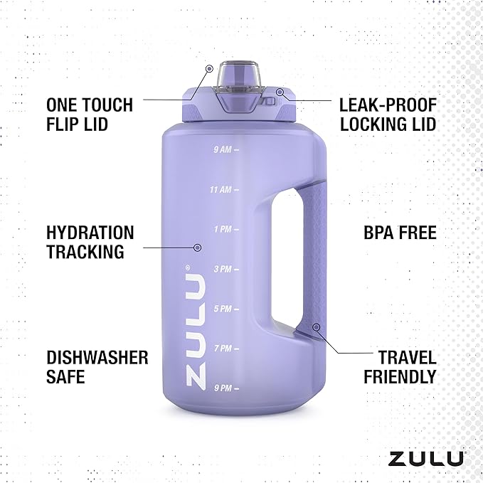 ZULU Goals 64oz Half Gallon Plastic Water Bottle with Straw and Time Marker | Large Reusable Jug with Handle and Leak Proof Lid for All Day Hydration, Gym and Outdoors, Gift Ready, Violet
