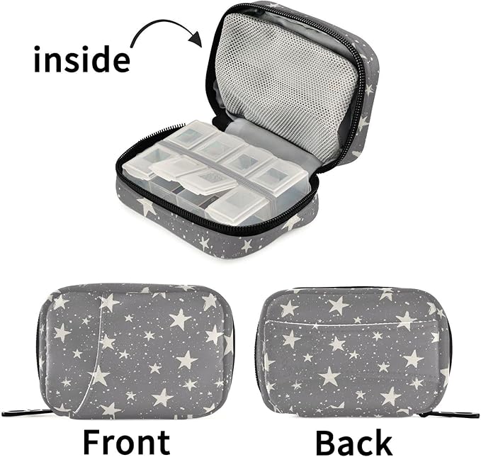 Fustylead Hand Draw Stars on Grey Background Pill Organizer and Storage Weekly with Zipper, Removable Pill Box Portable Medicine Organizer for Vitamin Fish Oil Supplement