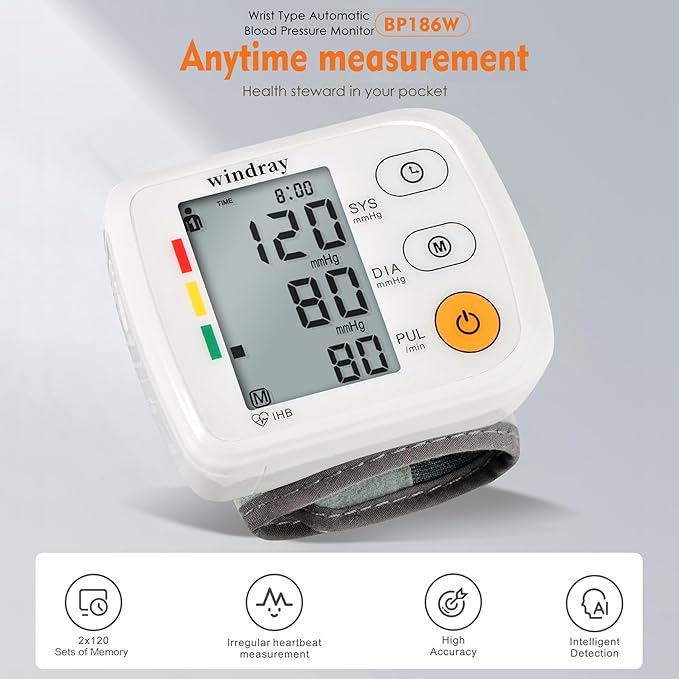 Wrist Blood Pressure Monitors Windray Automatic Digital BP Machine Accurate - Adjustable Cuff,Portable LCD Display 120 * 2 Readings Memory Function