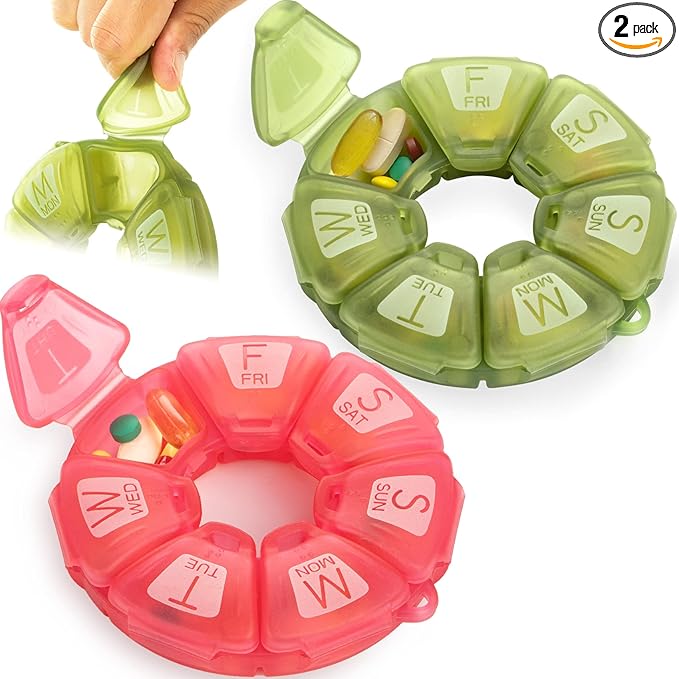 Round Weekly Pill Organizer, Soft-Touch Silicone, Travel Pill Container 7 Day, with 7 Large Compartments, Great for Daily Vitamins & Supplements, Cute Pill Case with Large Letters and Braille (2 pcs)