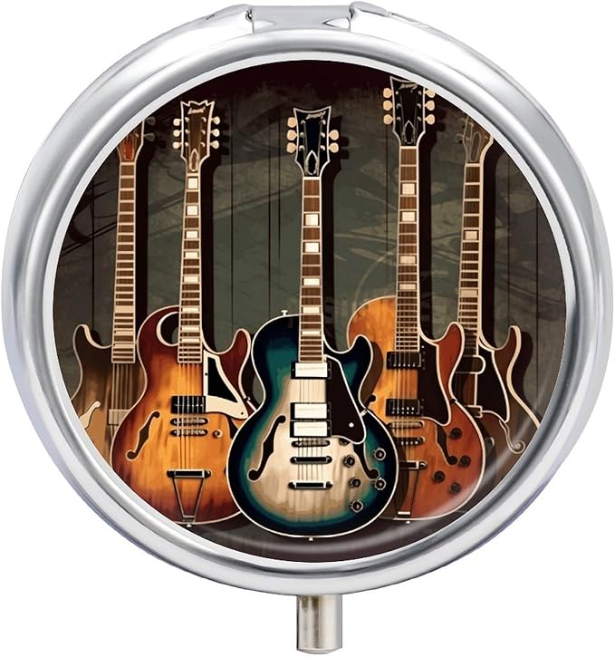 Guitars Art Pill Box 3 Compartment Small, Personalized Pill Organizer with Mirror, Portable Pill Case for Pocket Or Purse, Round Pill Containe Travel Gifts, Pill Holder