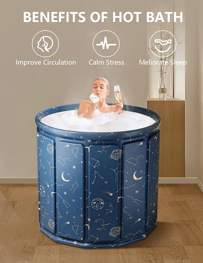 Portable Bathtub for Adults, Collapsible Freestanding Bathtub for Shower, Hot Ice Bath Tubs with Thickened Thermal Foam to Keep Temperature, PVC Outdoor Soaking Tub (Planet Blue)