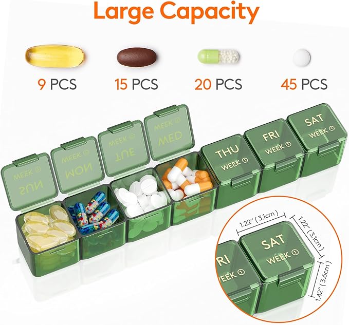 Lifewit Monthly Pill Organizer, 28 Day Pill Box, 4 Weeks One Month Vitamin Cases, Large Compartments Medicine Organizer for Fish Oils, Supplements, 28 Grids, Green