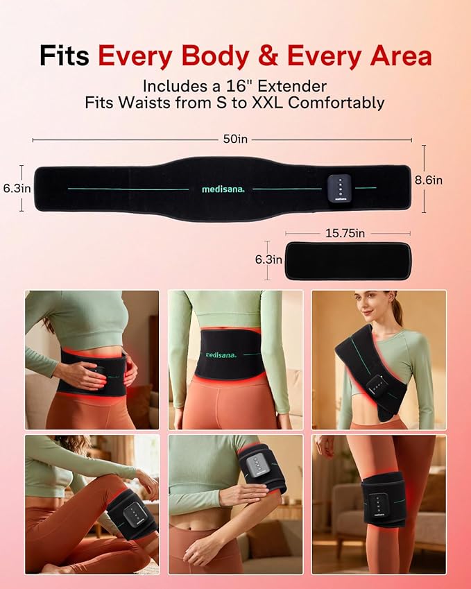 Medisana 3-in-1 Red Light Therapy Belt, Cordless & Portable Infrared Red Light Therapy for Body with Red Light/Pulse/Heat/Vibration - 660nm/850nm for Back Pain Relief (Regular)