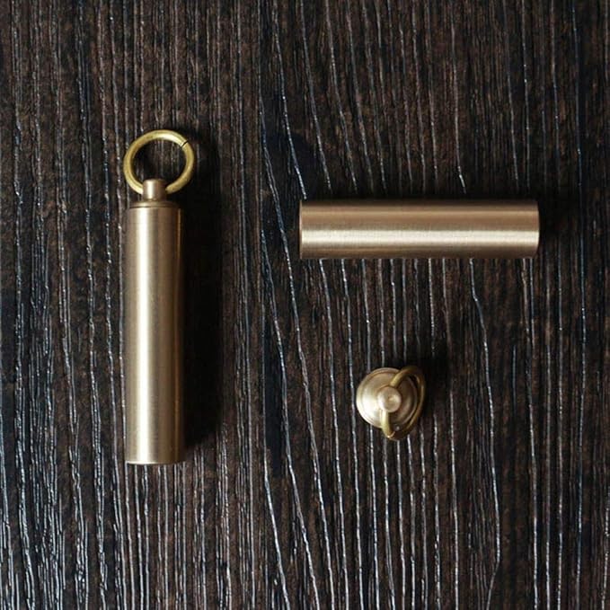 EORTA 2 Pieces Mini Pill Fob Portable Keyring Boxes Waterproof Brass Bottles Medicine Case Dispenser Tablet Container Single Chamber Holder for Travel Outdoor Sports, Golden