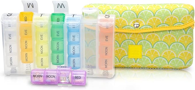 Made Easy Kit Pill Case Large 7-Day / 28 Compartments in Neoprene Carrier with Storage Pill Box in Daily in Morn, NOON, EVE, Bed a Weekly Vitamin, Medicine, Capsule Organization (Lemon & Lime)