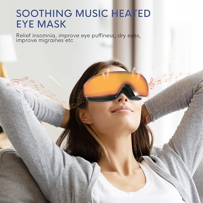 NOWWISH Eye Massager with Heat, Vibration and Bluetooth Music for Migraine Headache Relief, Cordless Heated Eye Mask with 6 Massage Modes, Relaxation -Birthday Gifts for Women Men -Black