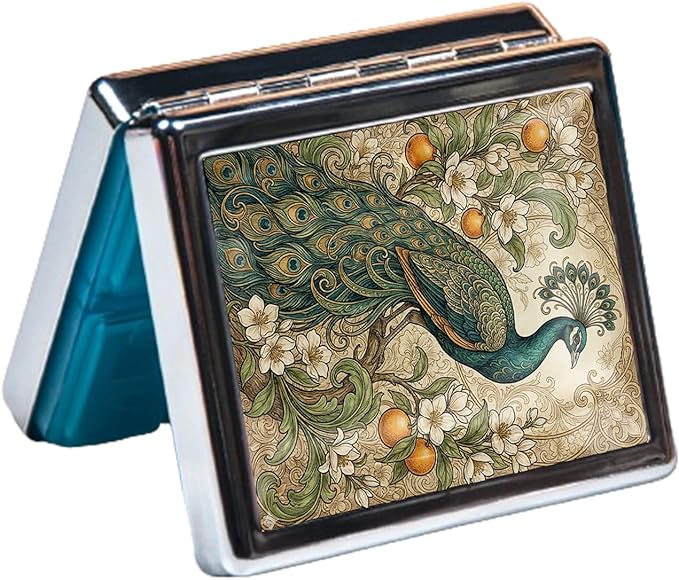 Metal 7 Day Pill Organizer, Cute Small Weekly Pill Case with 8 Compartments for Travel, Moisture-Proof Medicine Holder for Purse, Compact Daily Vitamin Box (Vintage Peacock)